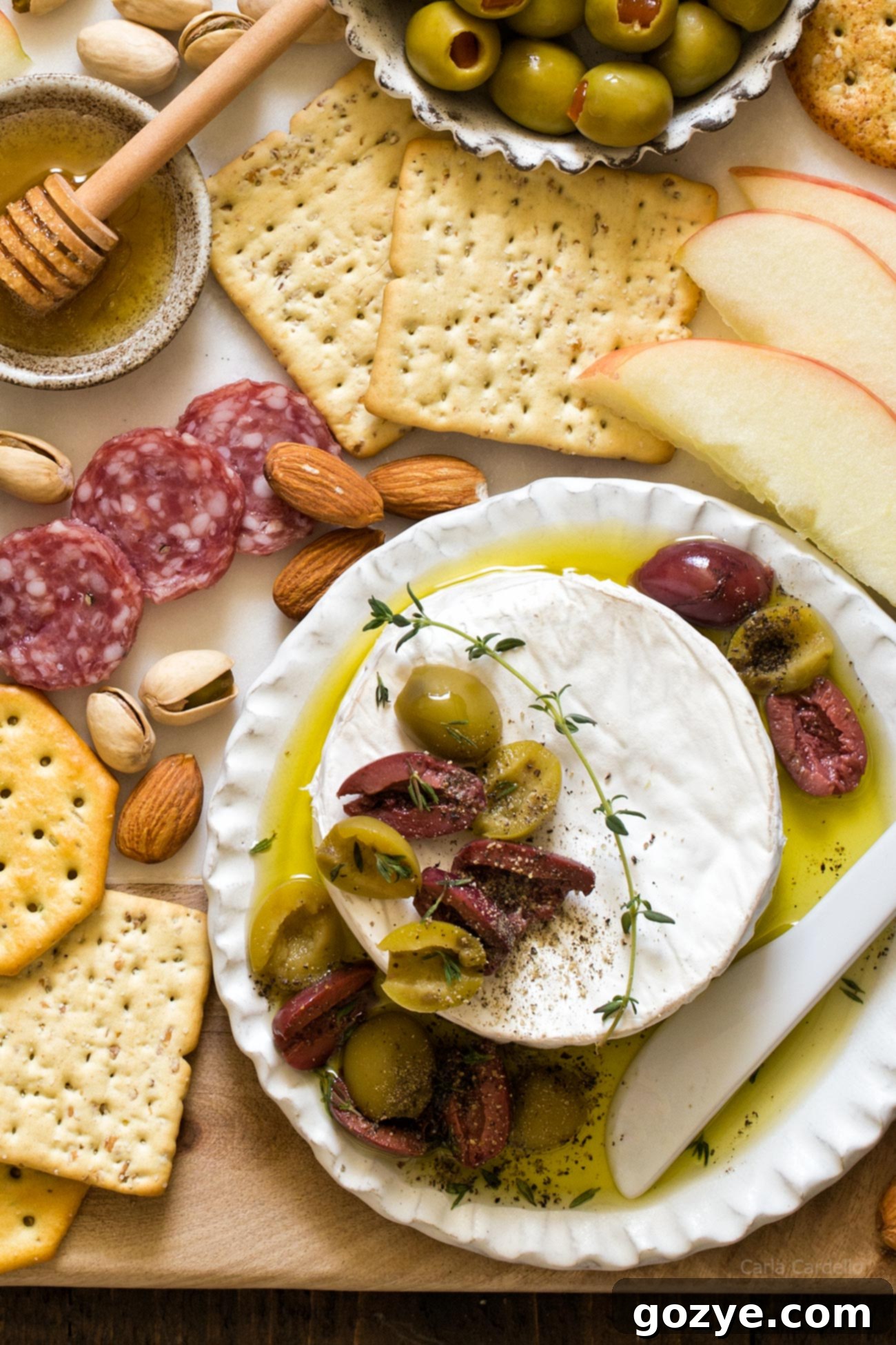 Baked Brie with Olives 4 Olive Baked Brie with Extra Virgin Olive Oil and Fresh Thyme