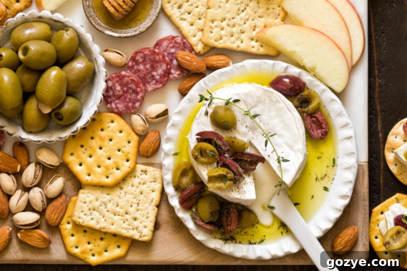 Melty Olive & Brie Delight 5 Olive Baked Brie With Olive Oil and Thyme ready to serve