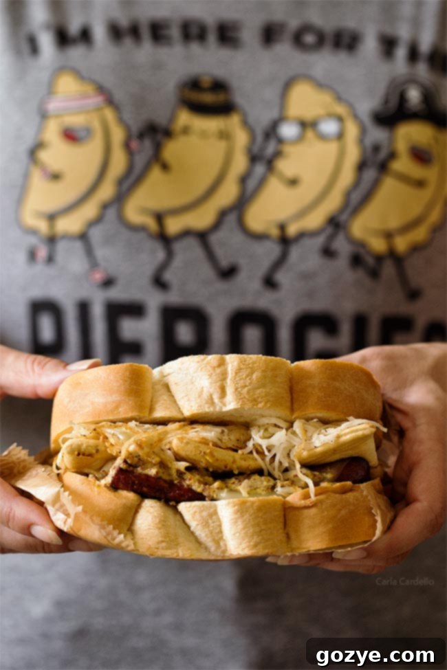 Primanti Brothers Polish Hill Pierogy Sandwich, showcasing a generous portion of Mrs. T's Pierogies nestled within the classic sandwich structure.