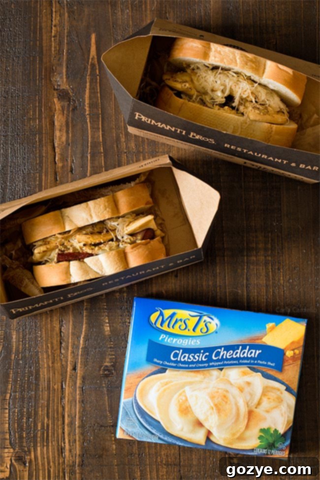 Primanti Brothers Polish Hill Pierogy Sandwich, neatly packaged for convenient takeout, featuring delicious Mrs. T's Pierogies.