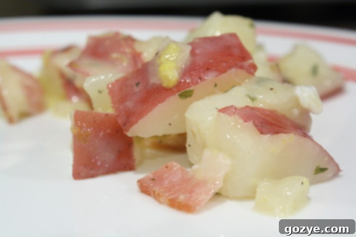 Sweet and Sour Pennsylvania Dutch Potato Salad 3 Close-up shot of the glossy, sweet and tangy dressing coating the red potatoes and bacon pieces in Pennsylvania Dutch Potato Salad.