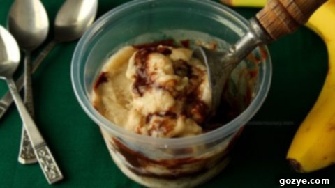 A bowl of Banana Fudge Swirl Ice Cream with a rich fudge swirl