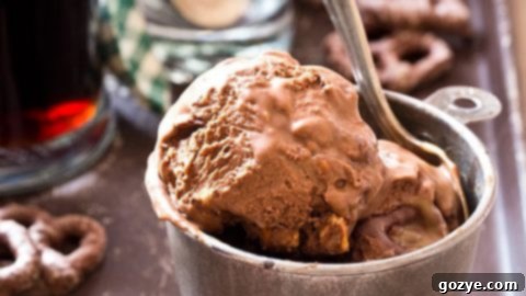 Chocolate Stout Pretzel Ice Cream with chocolate covered pretzels