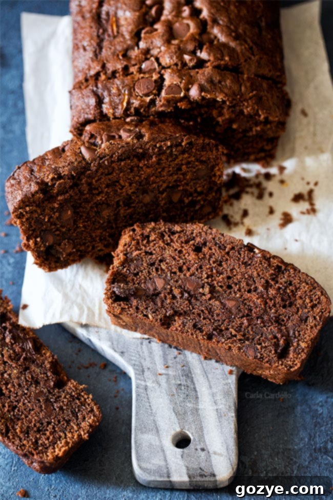 Secret Garden Chocolate Loaf 3 Chocolate Zucchini Bread recipe makes one 9x5 loaf, showing a sliced piece.
