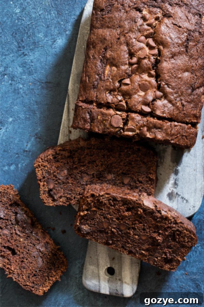 Secret Garden Chocolate Loaf 4 Deliciously moist Chocolate Zucchini Bread, close-up of the crumb.