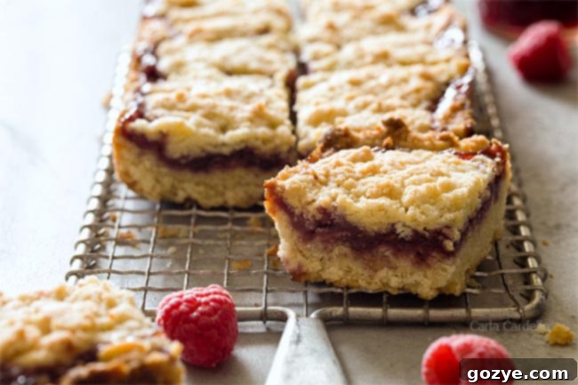 Small Batch Raspberry Crumb Bars cut into squares, ready to serve.