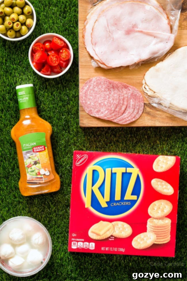 Close-up of Antipasto Football Cracker Stacks featuring RITZ Crackers and fresh ingredients
