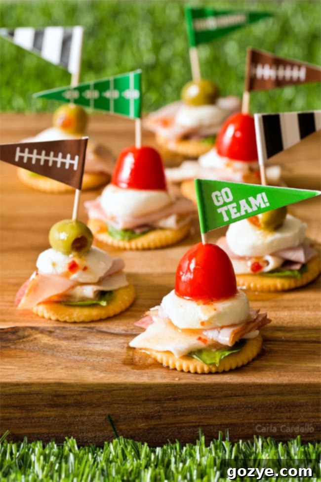 Antipasto Football Cracker Stacks recipe card for Pinterest
