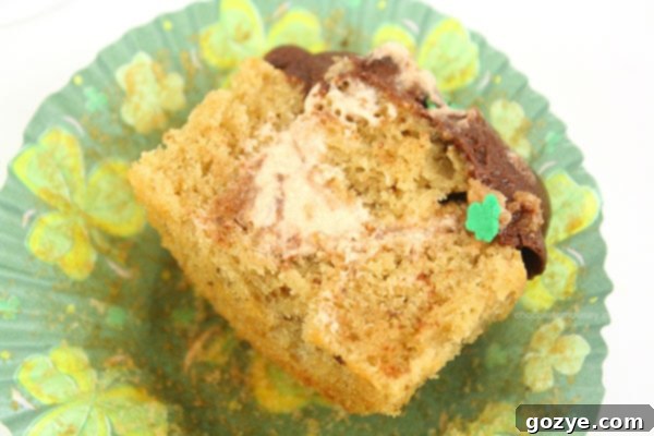 Top-down view of a generously frosted Irish Cream Cupcake, highlighting the chocolate swirl