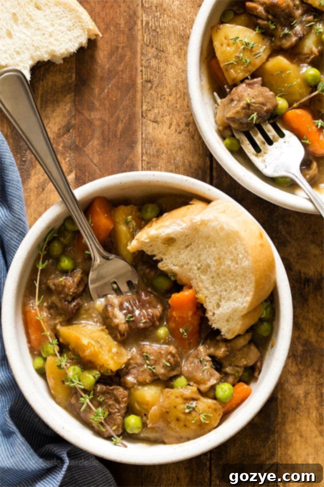Stovetop Beef Stew For Two recipe, featuring tender beef, potatoes, carrots, and peas