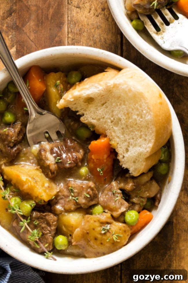 Stovetop Beef Stew For Two recipe, showing a close-up of the delicious, rich broth