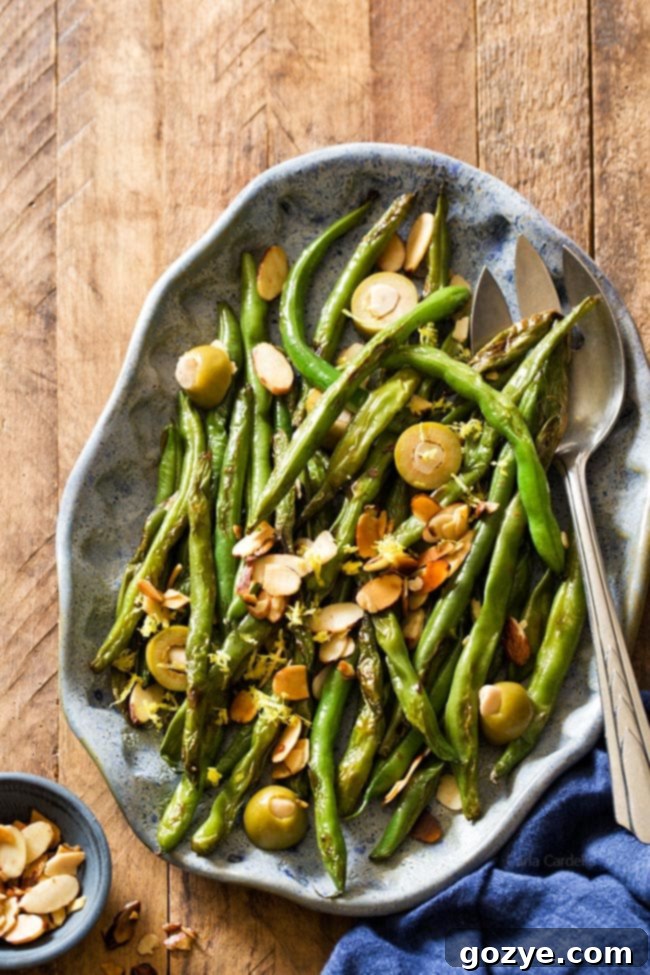 Green Beans with Almonds and Olives for vegan Thanksgiving side dish