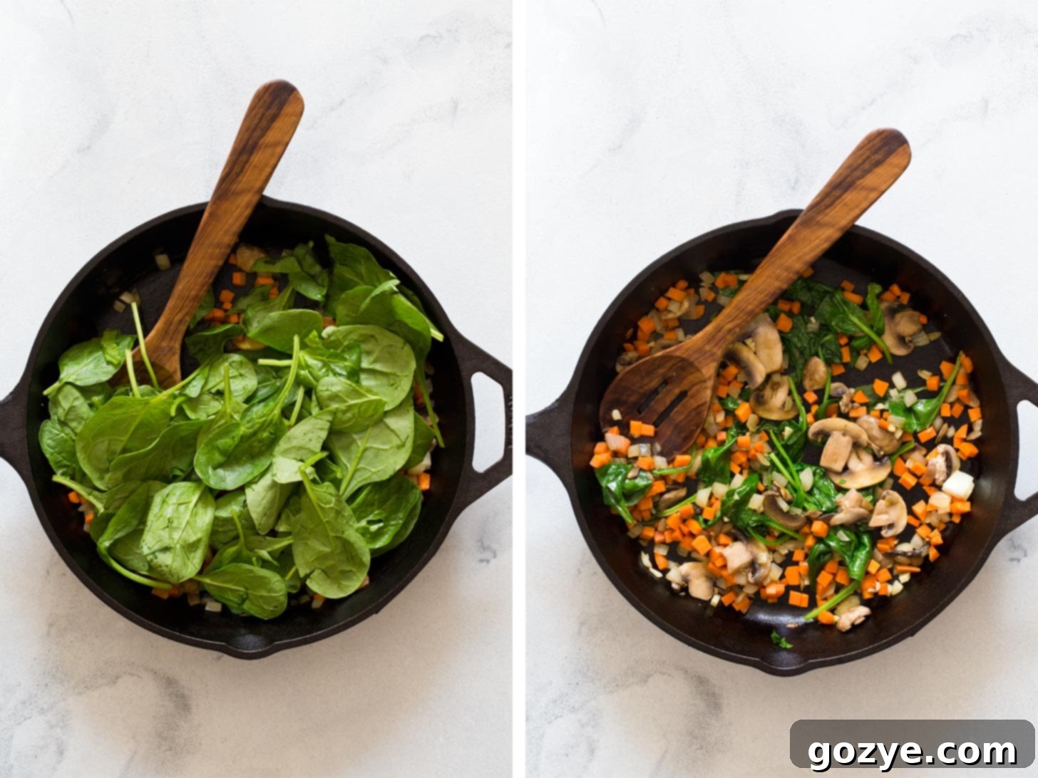 Cooking spinach for skillet lasagna, wilted spinach in the pan with other vegetables