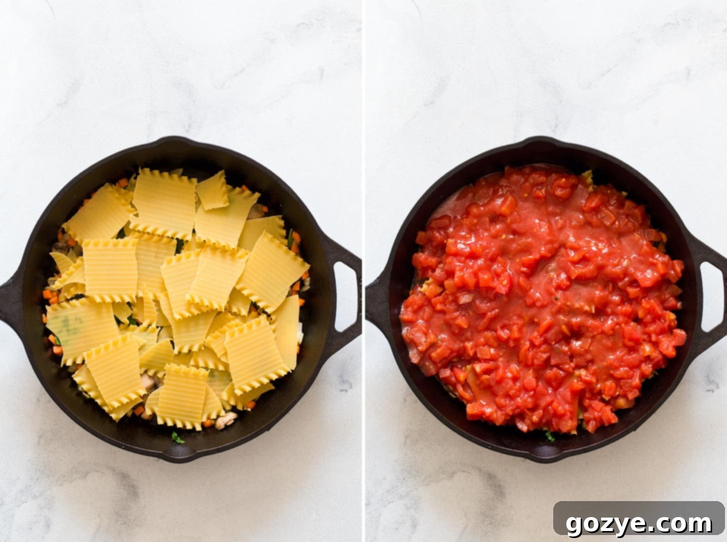 Adding noodles and sauce to skillet lasagna, showing broken lasagna noodles covered in red sauce
