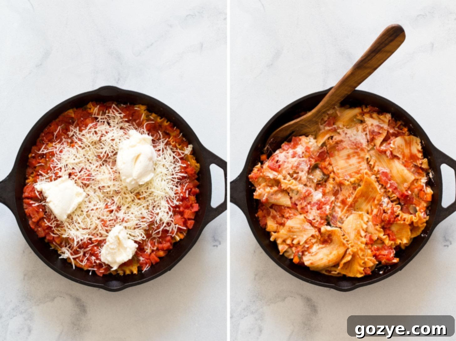 Adding cheese to skillet lasagna, showing ricotta and Parmesan cheese being stirred into the cooked dish