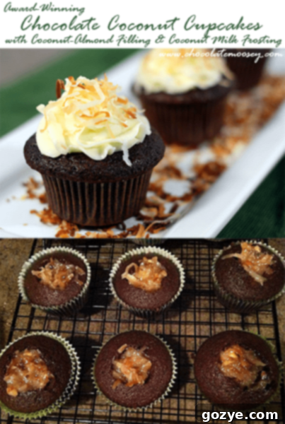 Award-Winning Chocolate Coconut Cupcakes with Coconut Almond Filling and Coconut Milk Frosting, a first-place dessert