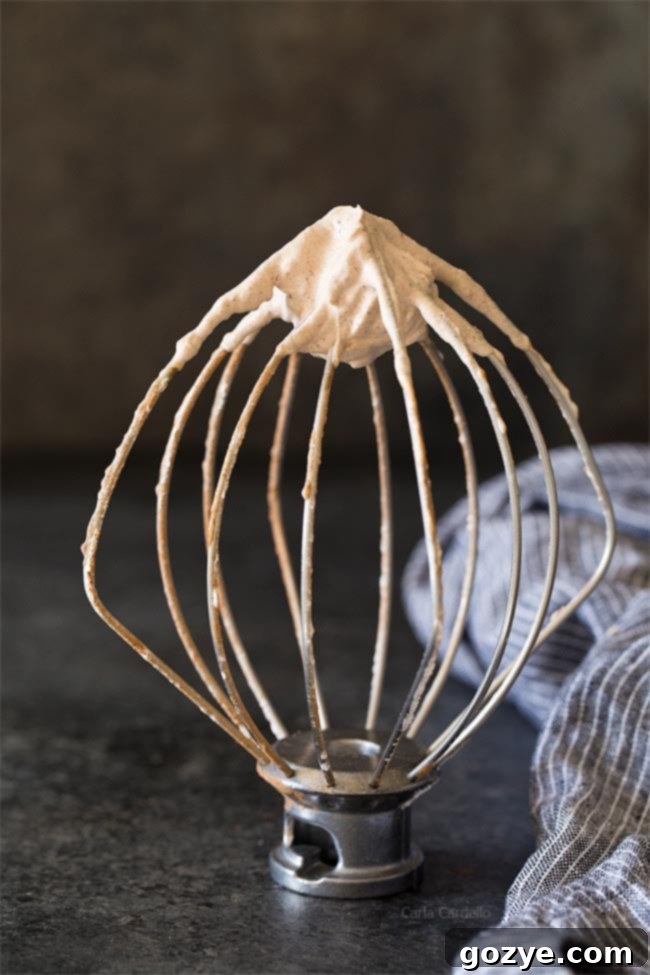 Chocolate whipped cream clinging to a whisk attachment from a stand mixer