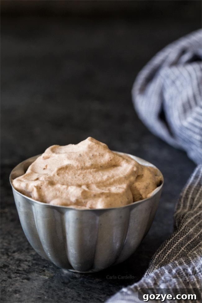 Small pewter bowl filled with rich, dark chocolate whipped cream