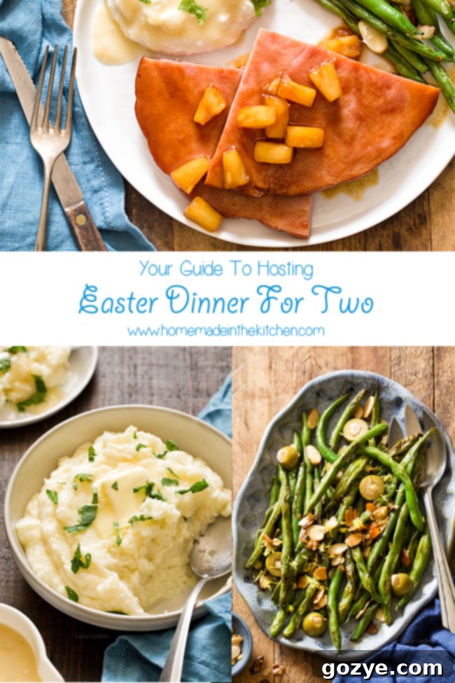 Easter Dinner For Two recipe collage with ham steak, lamb chops, and carrot cake