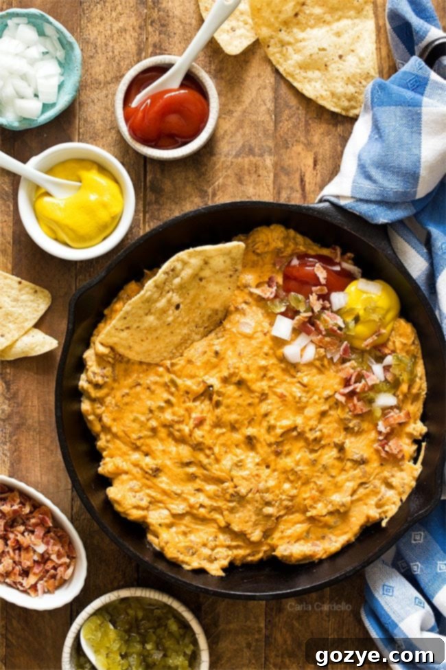 Creamy Skillet Bacon Cheeseburger Dip (Small Batch) served with nachos