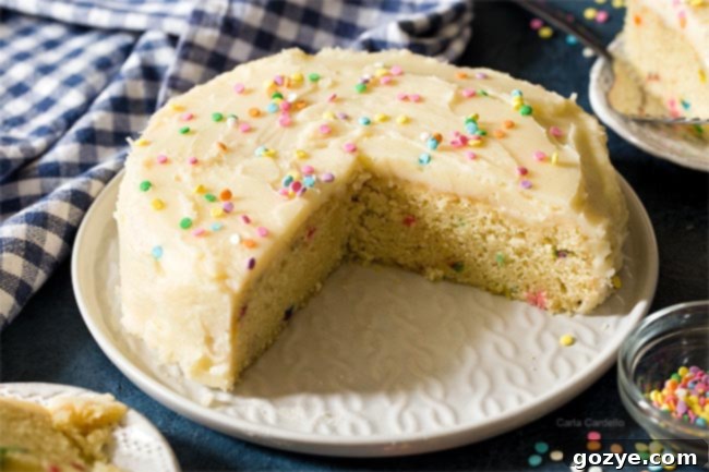 Homemade funfetti cake made from scratch on white serving platter