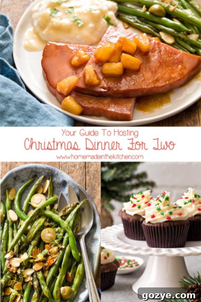 A festive collage showcasing honey glazed ham steak, vibrant green beans, and charming holiday cupcakes, perfect for an intimate Christmas dinner for two.