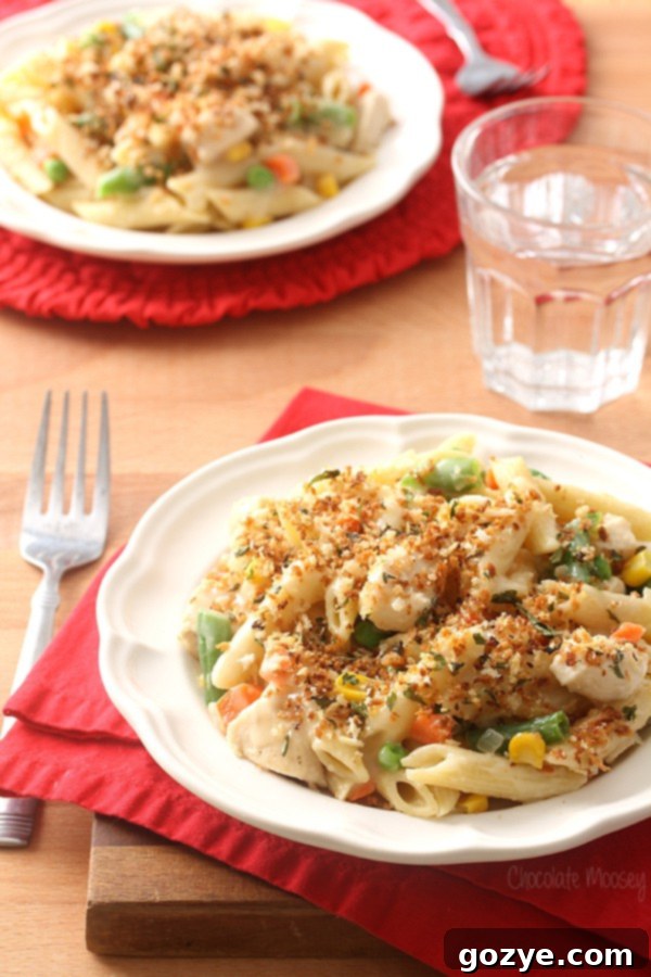 Chicken Pot Pie Pasta topped with toasted panko breadcrumbs