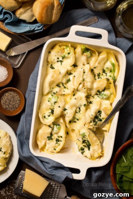 Chicken Broccoli Alfredo Stuffed Shells For Two with homemade Alfredo sauce