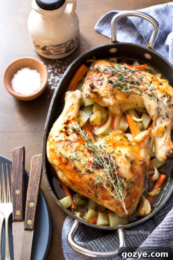 Maple Roasted Chicken Quarters with roasted vegetables
