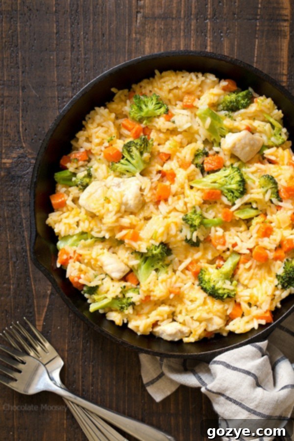 One Pan Cheesy Chicken Broccoli Rice Skillet