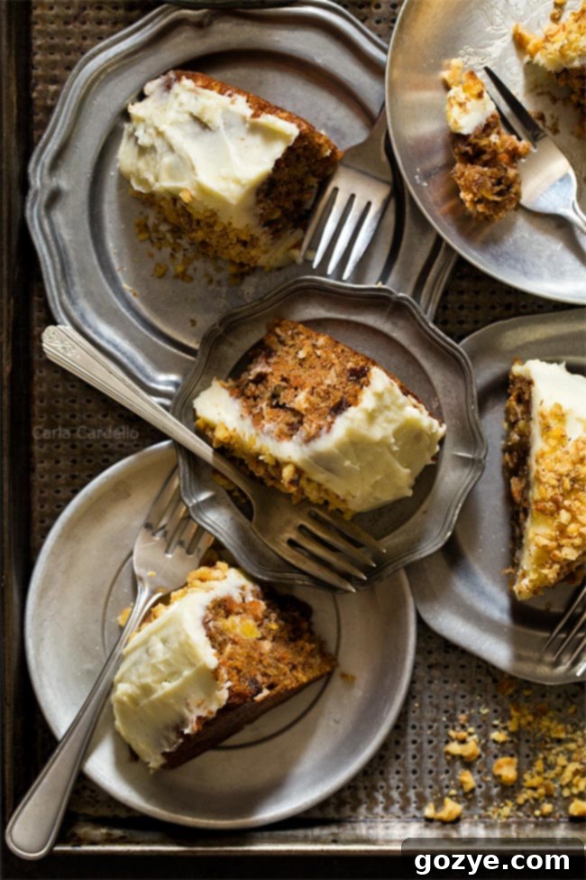 More slices of moist carrot cake arranged neatly on a serving tray
