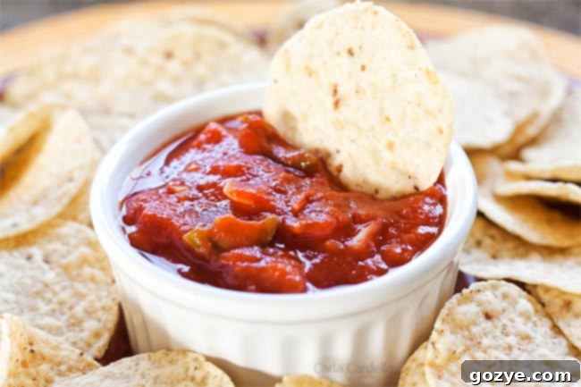 White bowl of salsa surrounded by nachos