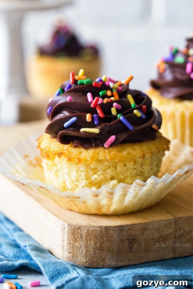 Close Up of Fluffy Yellow Cupcakes From Scratch (Small Batch) with chocolate frosting