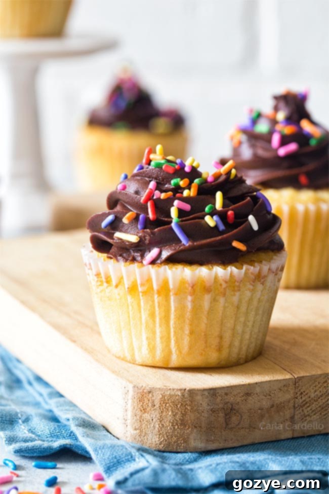 Close up of two Yellow Cupcakes For Two, perfectly frosted