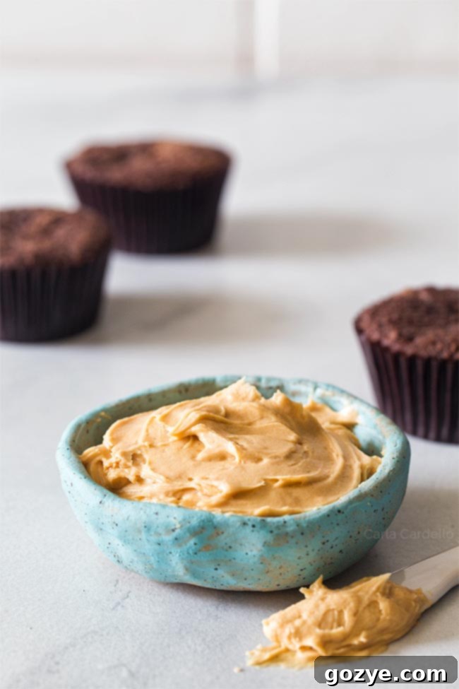 Peanut Butter Buttercream in blue bowl