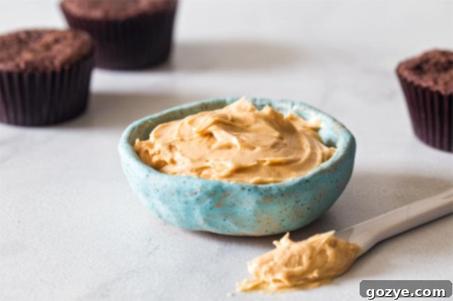 Easy Peanut Butter Frosting in blue bowl