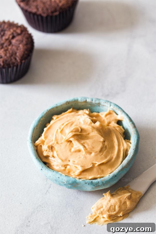 Peanut Butter Cake Frosting in blue bowl