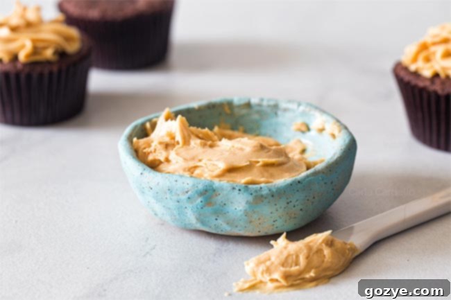 Recipe for Peanut Butter Frosting in blue bowl
