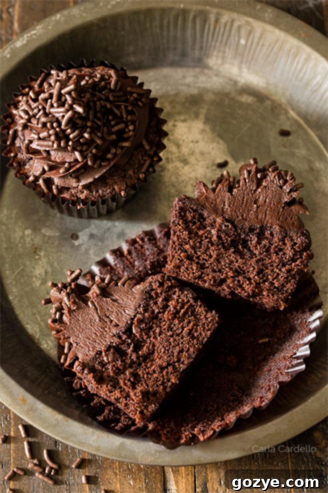 Chocolate cupcakes cut in half