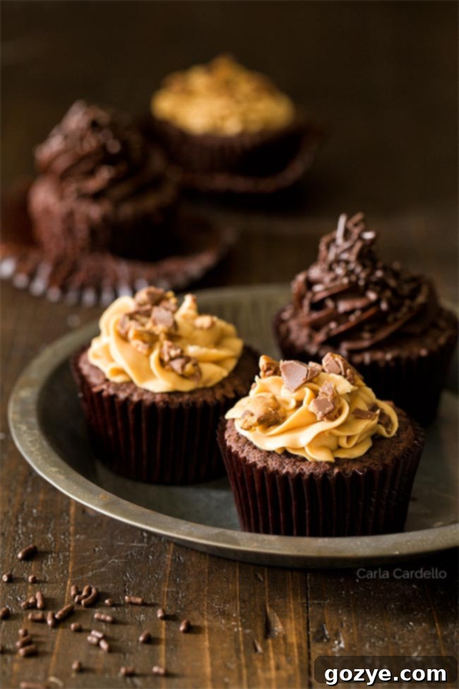 Small Batch Chocolate Cupcakes with peanut butter and chocolate frostings