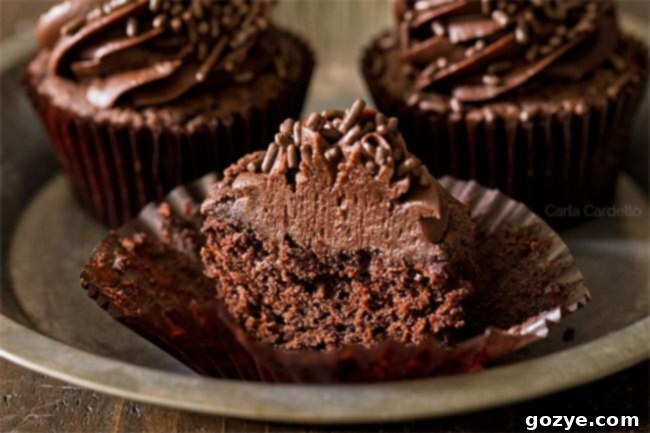 Chocolate cupcakes from scratch cut in half