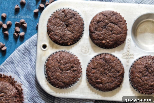 Cozy Chocolate Banana Muffins 5 Chocolate Banana Muffins using 1 banana, arranged on a plate
