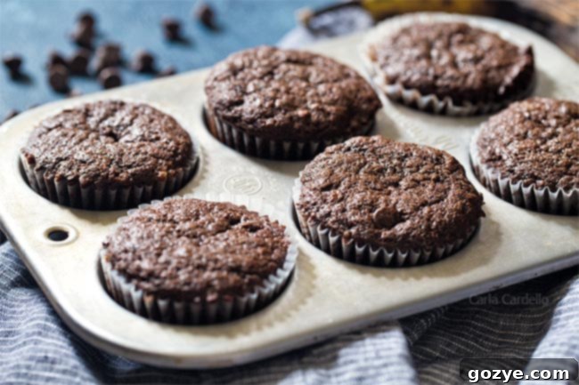 Cozy Chocolate Banana Muffins 6 Small Batch Chocolate Banana Muffins using 1 banana, fresh out of the oven