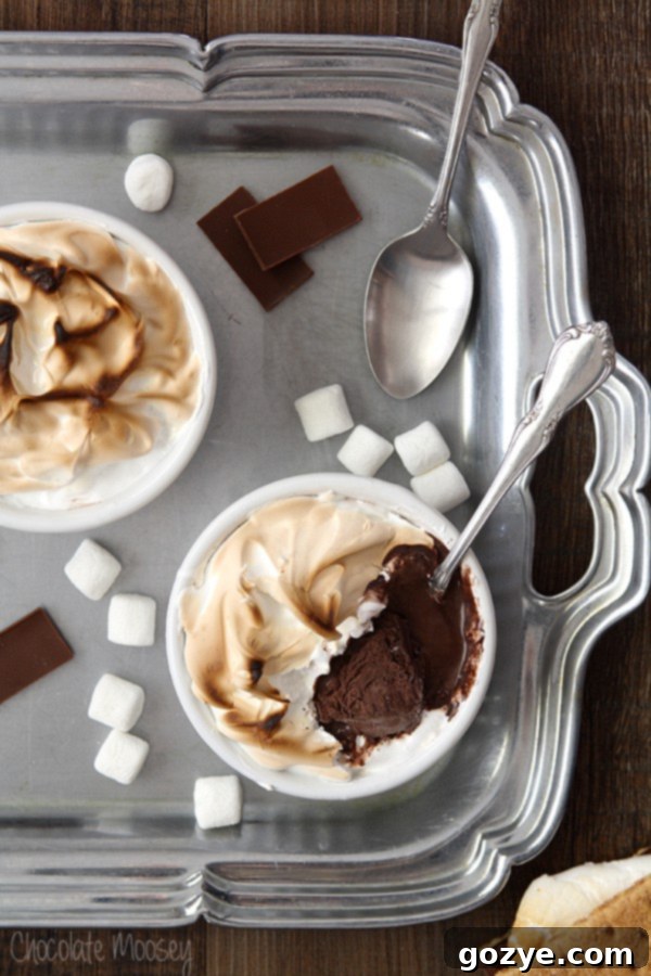 Decadent S'mores Baked Alaska for two, featuring a toasted marshmallow meringue made with two egg whites.
