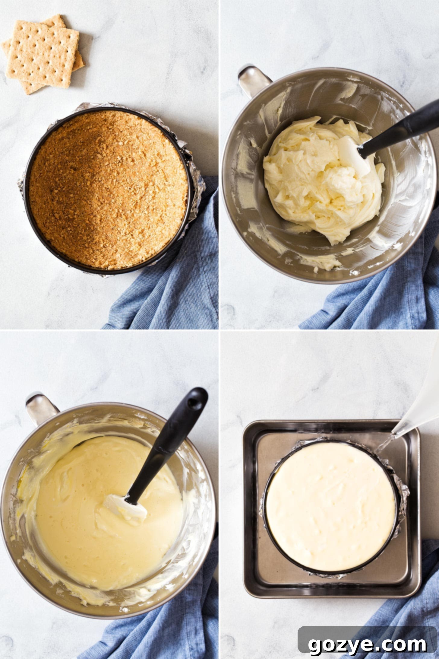 Photo collage showing steps for making homemade cheesecake recipe from scratch: mixing crust, beating cream cheese, adding eggs, pouring batter.