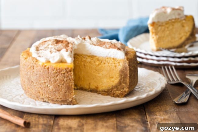 Slice of 6 Inch Pumpkin Cheesecake for Thanksgiving, garnished with whipped cream and cinnamon