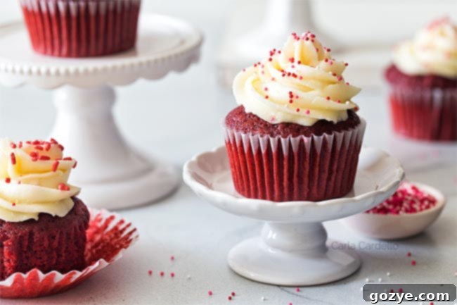 Close-up of Red Velvet Cupcakes on mini stands, showing their texture