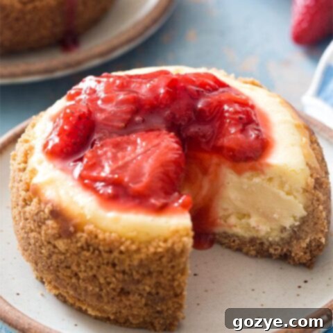 Two 4-inch cheesecakes, one topped with strawberry sauce and another with cherry pie filling.
