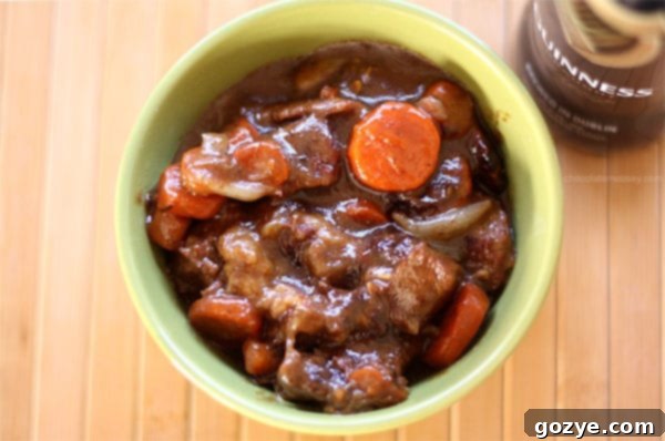 Close-up of hearty Guinness Beef Stew with vegetables