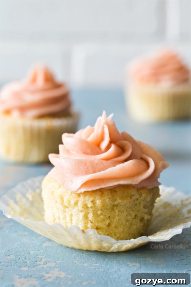 A close-up shot of three delicious small batch vanilla cupcakes, perfectly baked and ready for frosting.
